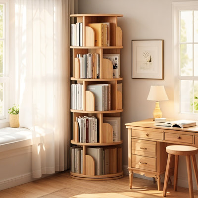 5 Tier 360 Rotating Round Spinning Bookshelf With Curved Edge, Wraparound Baffle And Ample Storage For Small Spaces In Bedroom, Office, Wood Color Display Double - Layer Base, Stable Edge