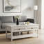 Table basse moderne de 44 pouces avec 2 tiroirs en rotin et une étagère de rangement, table centrale en bois blanc grisâtre