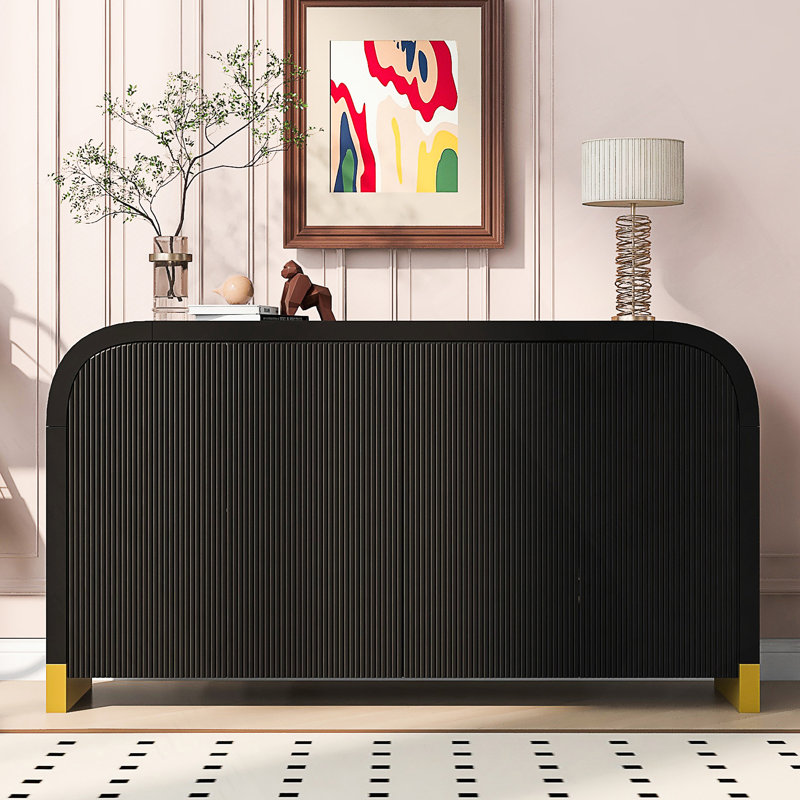 4-Door Curved Corner Design Wavy Door Panel Cabinet With Adjustable Shelves, Black