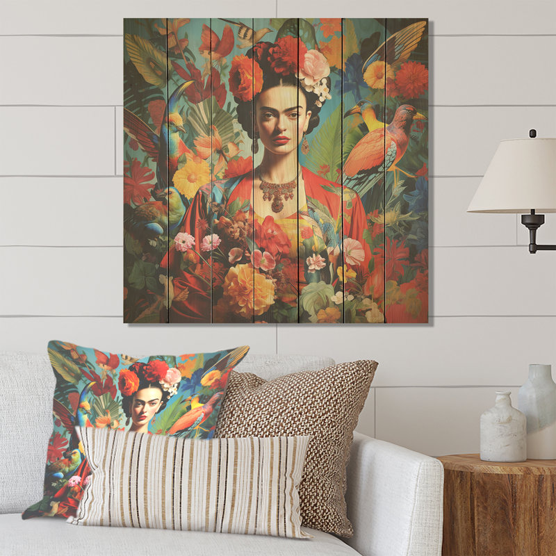 Œuvre d'art florale colorée Frida I - art mexicain sur bois, H 15 po x l 15 po