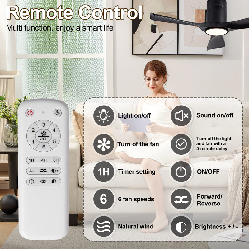 Ceiling Fan With Lights 42 Inch Flush Mount Ceiling Fan With Remote Control, ABS Blades Modern Outdoor Ceiling Fans For Bedroom/Farmhouse/Patio/Indoor, Quiet DC Motor