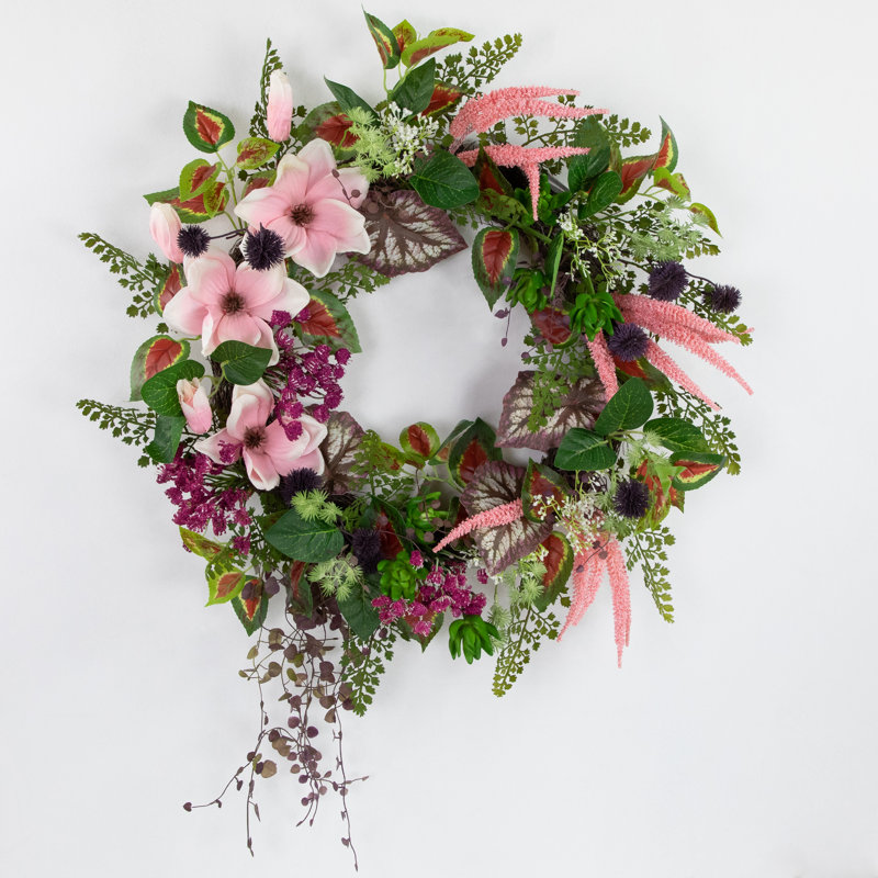 24-Inch Pink and Purple Artificial Spring Floral Wreath with Grapevine Base