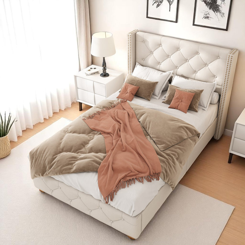 Velvet Upholstered Bed With Slatted Frame And Headboard Button And Rivet Upholstery, Beige, Single (3')
