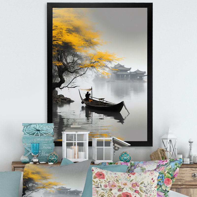 Art asiatique, bateau jaune, monochrome, Toile encadrée noire simple, H 32 po x l 24 po x P 1 po