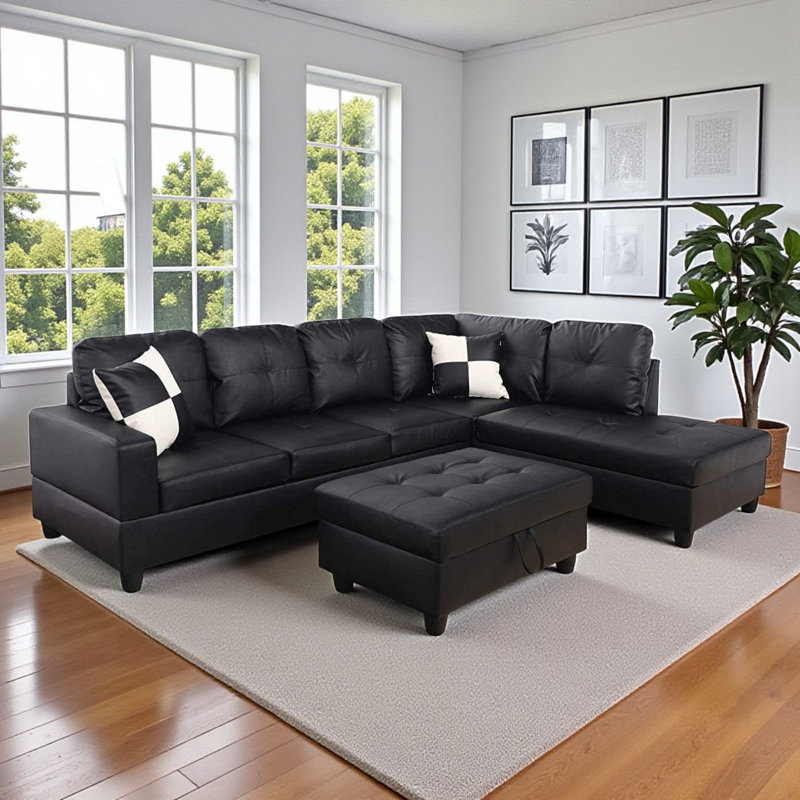 Petit canapé modulaire en similicuir 3 pièces de 103 po avec coussins de siège fermes Zoie, Orienté à droite, Similicuir noir