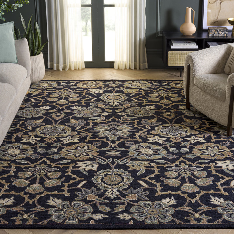 Bijal Hand Tufted Wool Cotton Floral Rug in Beige/Black, Rectangle 8' x 10'