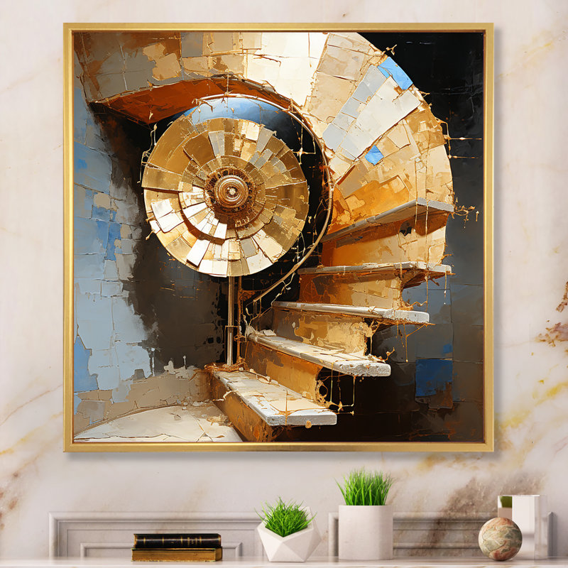 Collage en spirale abstrait doré et noir - Art abstrait, Cadre flottant doré, 16" H x 16" W