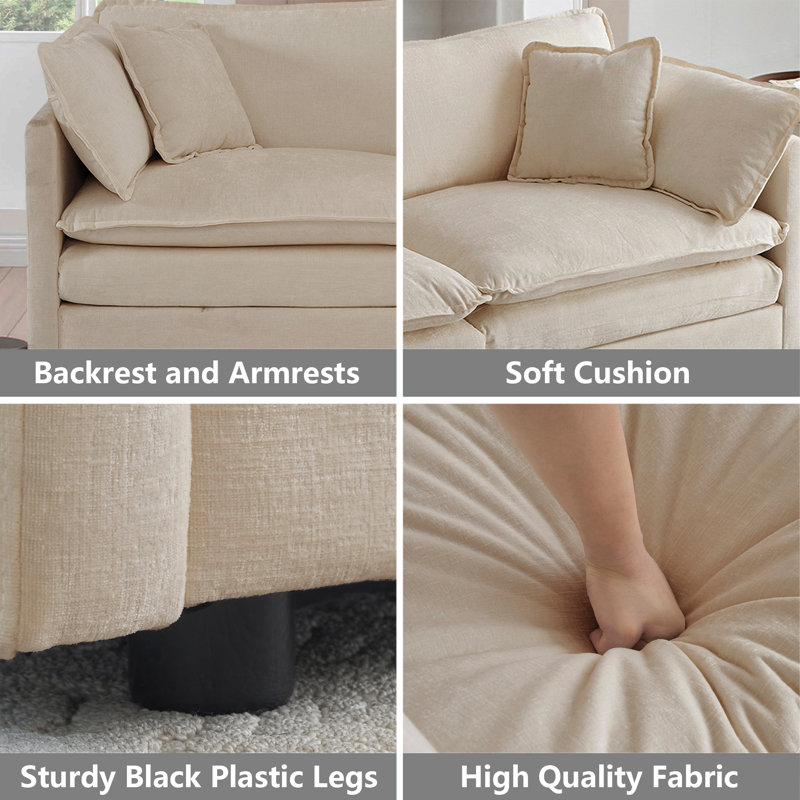 Chenille Cloud Sofa ，4-seat Sofa Couch with Ottoman for Living Room , 33" H x 111" W x 35" D, Light Coffee Chenille