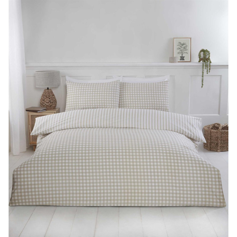 Gingham Cotton Blend Striped Duvet Cover Set with Pillowcases, Beige, Single Duvet Cover Set + 1 Pillowcase