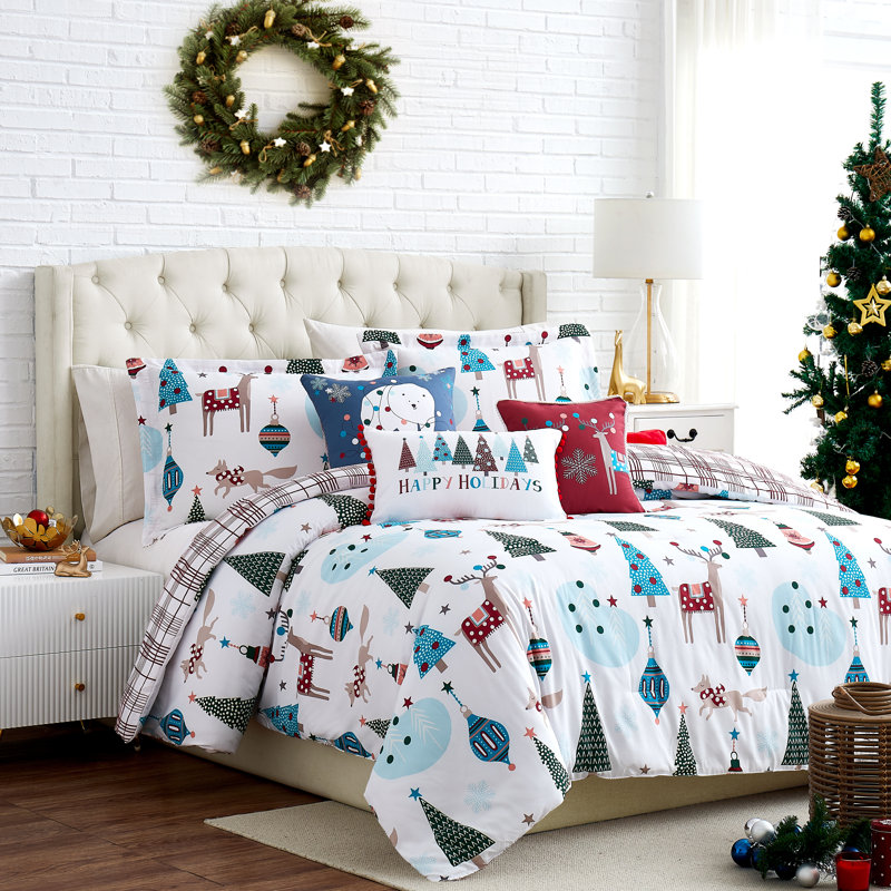 Ensemble d'édredon réversible en microfibre bleu / blanc Winter Wonderland, Édredon de grande taille et 5 pièces supplément