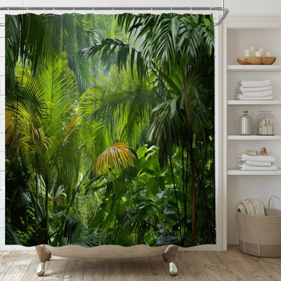 Jungle Shower Curtain Tropical Rainforest With Palm Leaves Design - 100% Polyester Fabric Bathroom Decor Set Includes Hooks - Digital Printing For Vibrant Colours