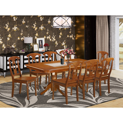 9 Piece Kitchen Table & Chairs Set Includes a Rectangle Dining Room Table with Butterfly Leaf and 8 Solid Wood Seat Chairs, Saddle Brown