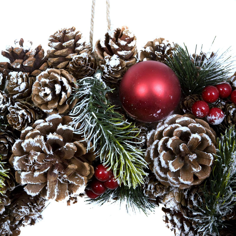 Christmas Hanging Wreath Medium - Festive Pine Cone Display with White Frosting White, 48cm x 48cm