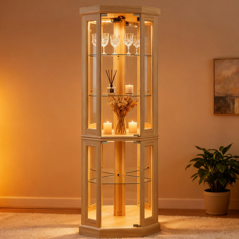 Vitrine d'angle en verre avec tablettes réglables, dossier en miroir et portes latérales - Vitrine antique pour salon, bar ou objets de collection, cerisier foncé