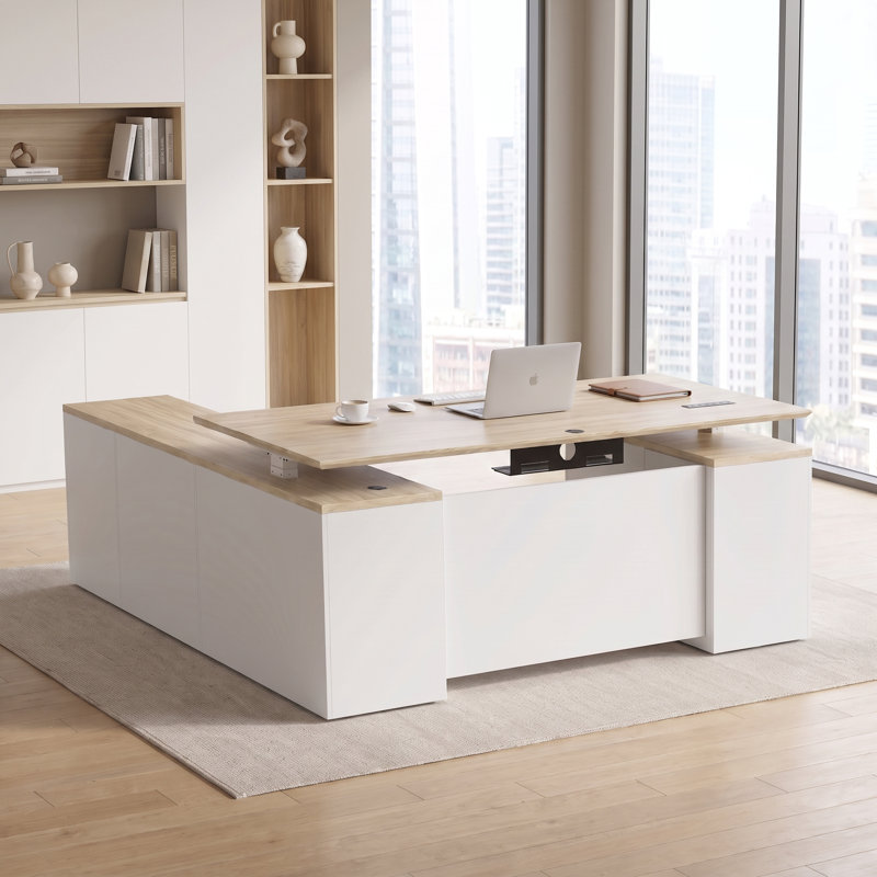 Bureau de direction électrique 71 po en L avec gestion des câbles et centrale électrique, H 29,5 po x l 71 po x P 70,8 po