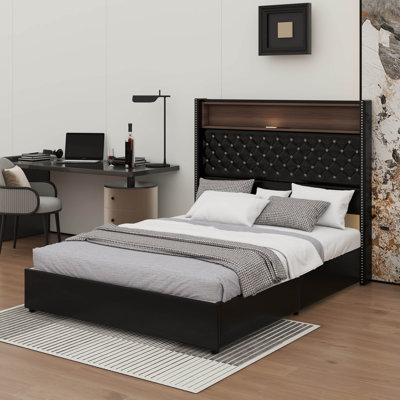 Structure de lit double capitonnée en velours pleine grandeur avec port USB et veilleuse, tête de lit haute 52 po avec décoration de rivet, lit plateforme à oreilles avec tablette de tête de lit