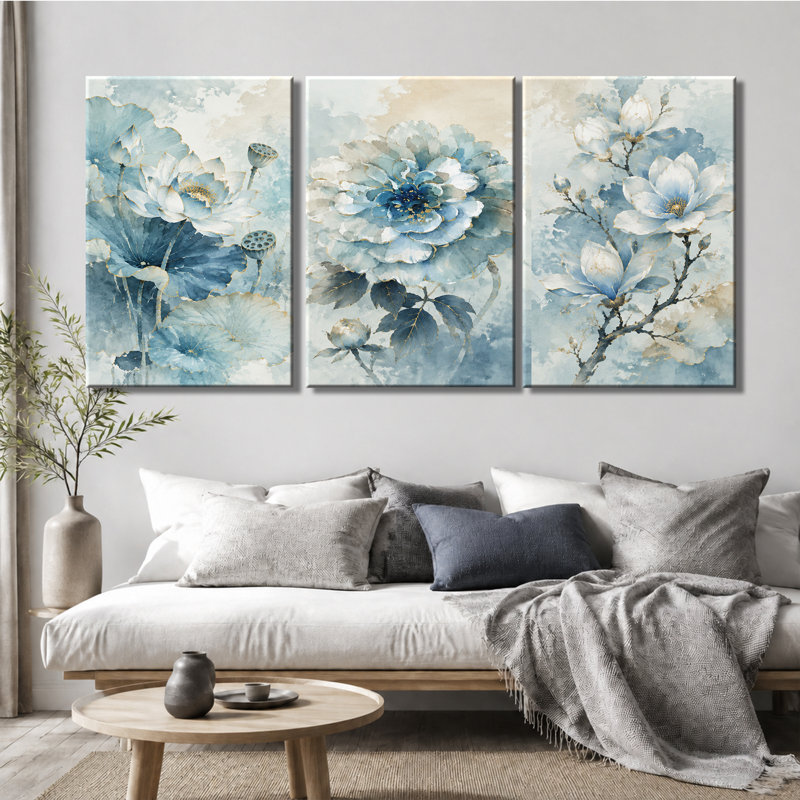 3 panneaux muraux, pivoines de lotus bleues, impression sur toile, 16 * 24 pouces * 3