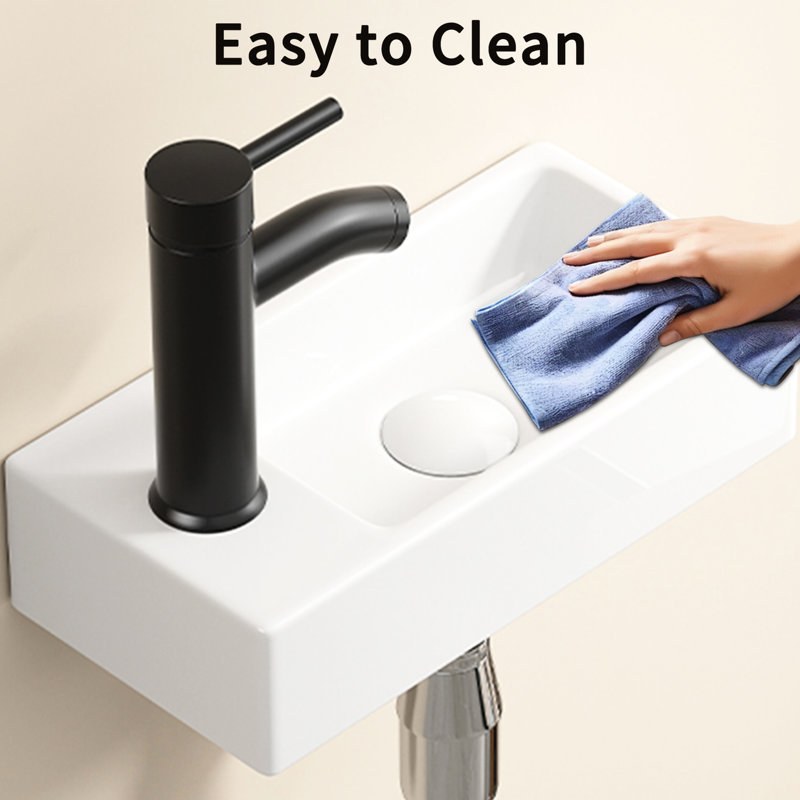 Wall Hung Rectangle Ceramic Wash Basin, Small Milk White American Traditional Cloakroom Sink, 14*7*3Inch, Left Hand, Single Tap Hole For Bathroom Style, Hole, Ideal And