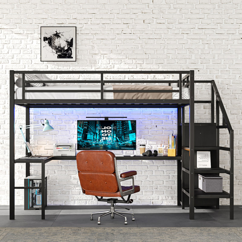 Lit mezzanine pleine grandeur avec tablette réglable et lumières à DEL, métal, garde-robe noire pour adolescents, construction métallique, élégant