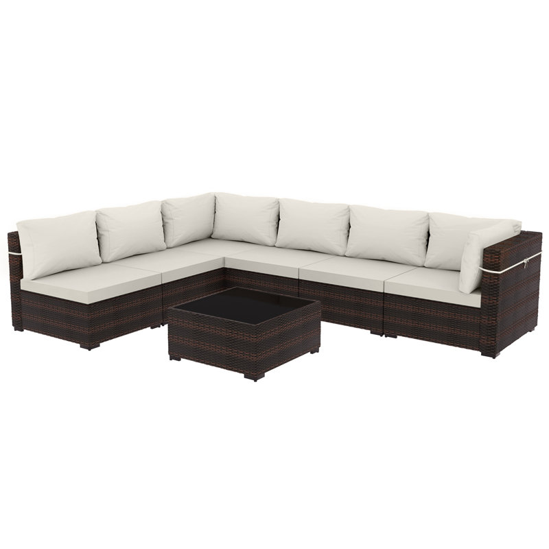7-piece wicker patio conversation sets with cushions, Ivory White, 7 Pcs, Brown
