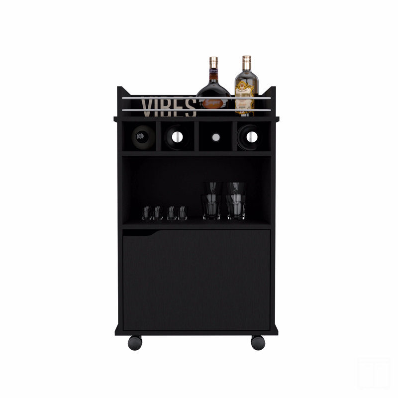 Chariot-bar H 35 po avec deux tablettes, quatre casiers à vin et une armoire