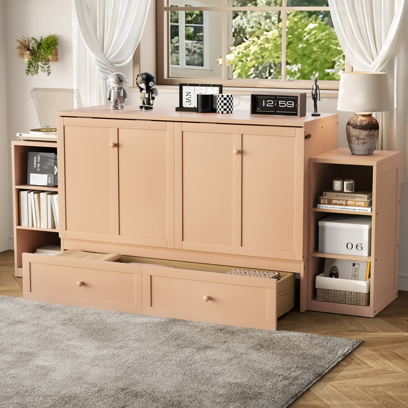 Grand lit escamotable avec tiroirs et tablettes de rangement, lit armoire peu encombrant pour chambre d'amis, doré