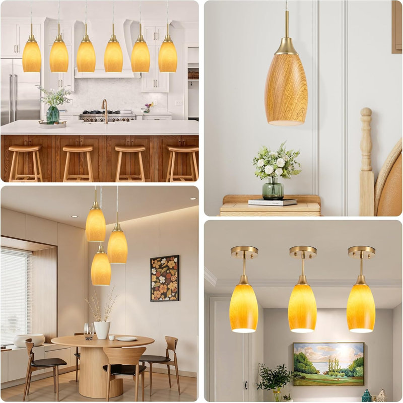 3-pack Walnut Wood Mini Glass Pendant Light