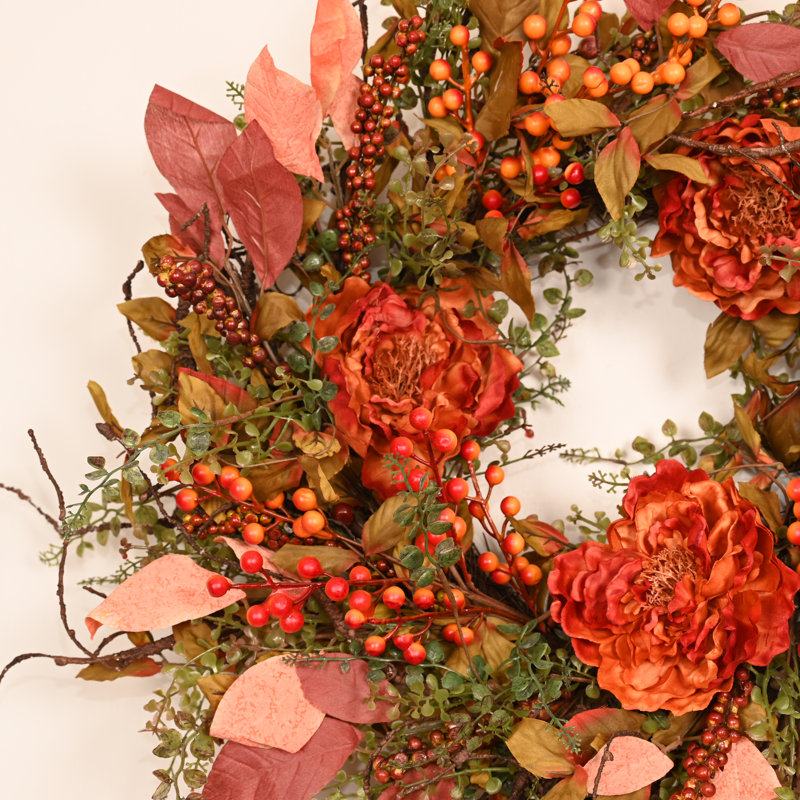 Couronne de pivoines orange artificielle 24 po avec baies mélangées, couronne de campagne rustique de l'Action de grâce