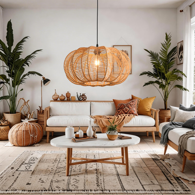 Paper Rope Pendant Light, Natural Rope Shade, Iron Frame, Adjustable Height, E27 Socket, 50 Cm Diameter, For Boho Living Room Dining Area (Bulb Not Included)