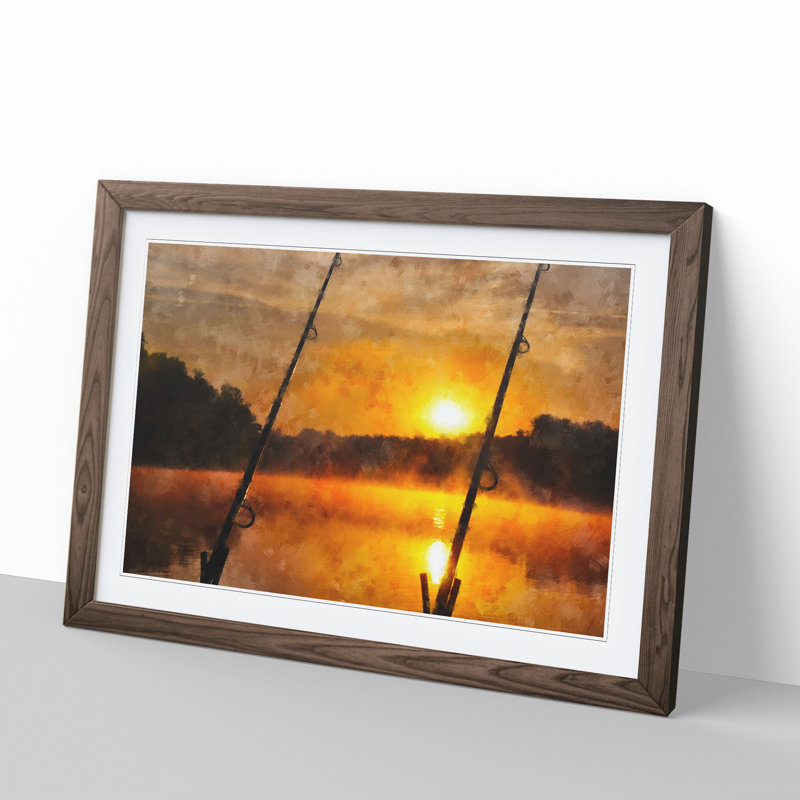 Fishing Rods and Lake - Framed Print, 48cm H x 65cm W x 2cm D, Walnut Framed