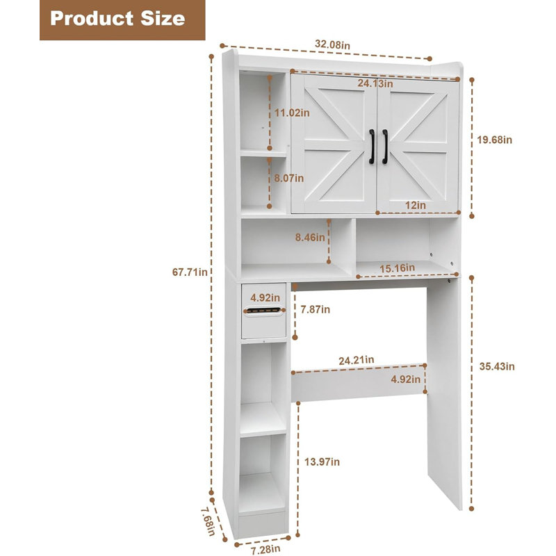 Over The Toilet Storage Cabinet, Space Saving Bathroom Organizer With Toilet Paper Holder, 2 Barn Doors, Storage Shelves, Waterproof Wooden Toilet Racks For Bathroom, Laundry, White
