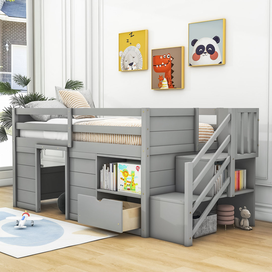 Jarmila Twin Size Wood Loft Bed with Drawer and Staircase Harriet Bee 