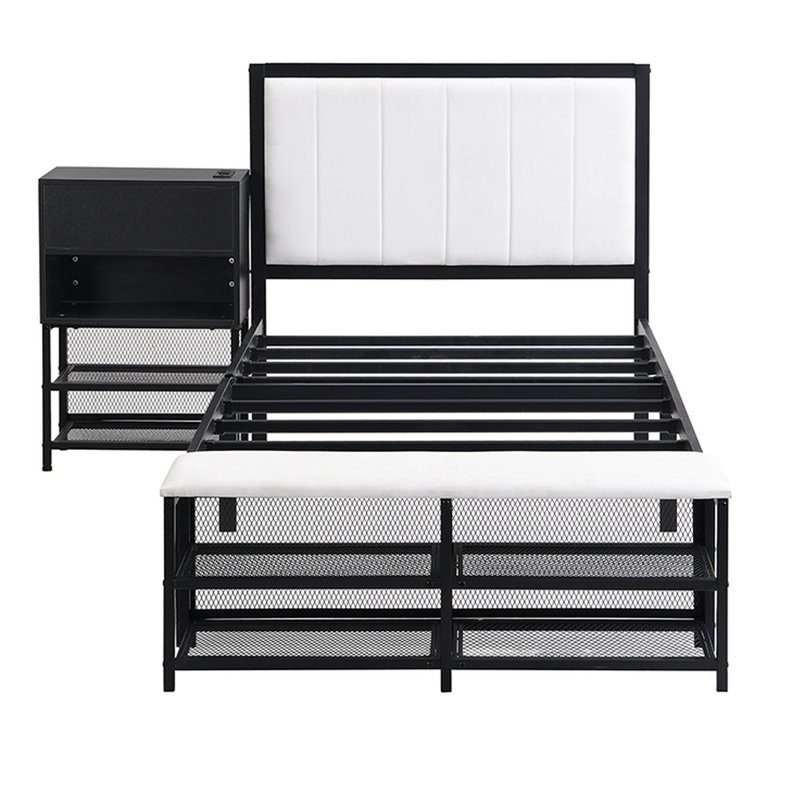 Lit simple en métal noir avec rangement et armoire éminemment en bois, tablettes plateforme méritoire, Noir