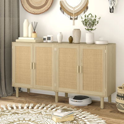 Boho Sideboard, 62.2" Buffet Cabinet With 4 Decorative Rattan Doors And Solid Wood Legs, Coffee Bar Cabinet With Shelves For Living Room, Hallway, Oak by Bay Isle Home