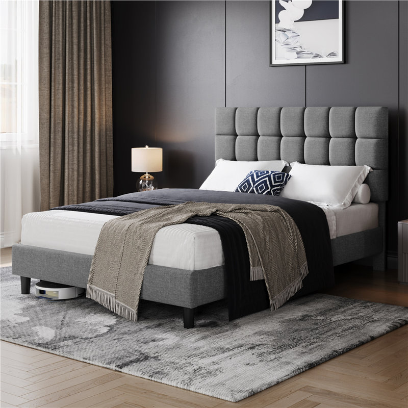 Size Modern Upholstered Bed Frame with Adjustable Square Tufted Headboard, Kingsize (5'), Light Grey