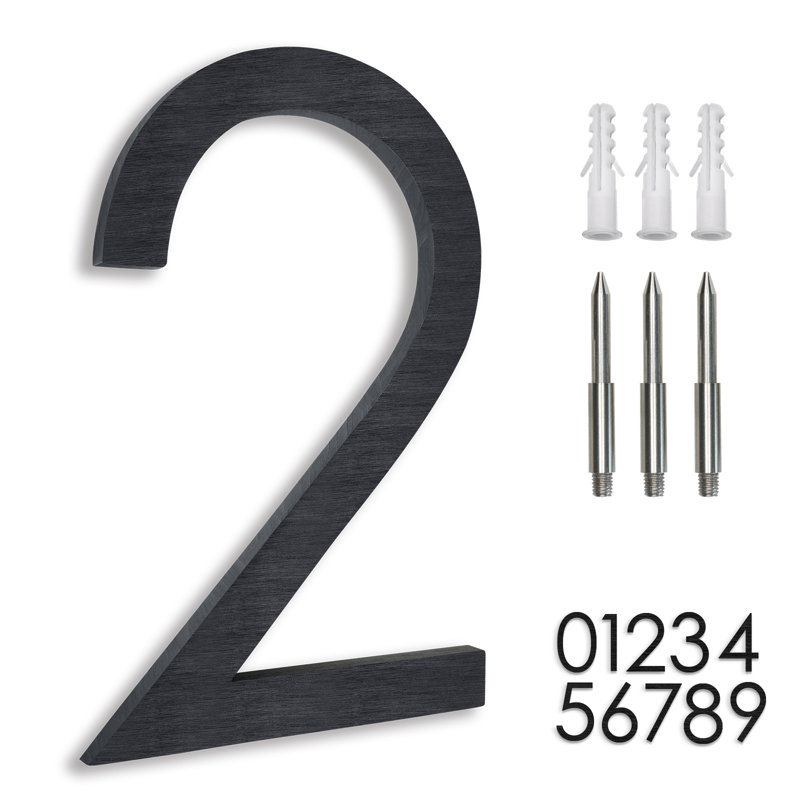 8'' H Anti-Rust Solid Aluminum House Number, Floating or Flush Mount, Brushed Black, #2