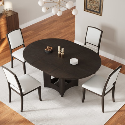 Farmhouse Extendable Round Dining Table Set for 4, 5-Piece Kitchen Table Set with 4 Upholstered Chairs and Removable Leaf