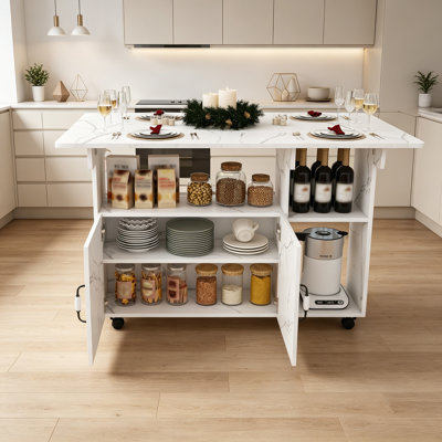 Îlots de cuisine pliables avec tablettes et roulettes de rangement