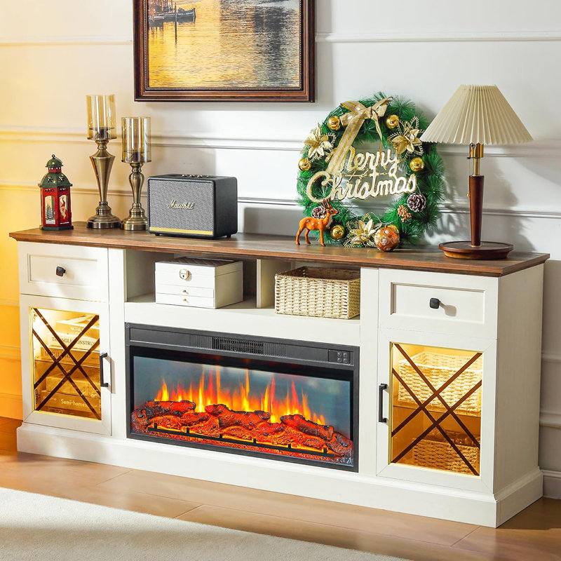 70" Fireplace TV Stand For Tvs Up To 80" With 35" Electric Fireplace, White
