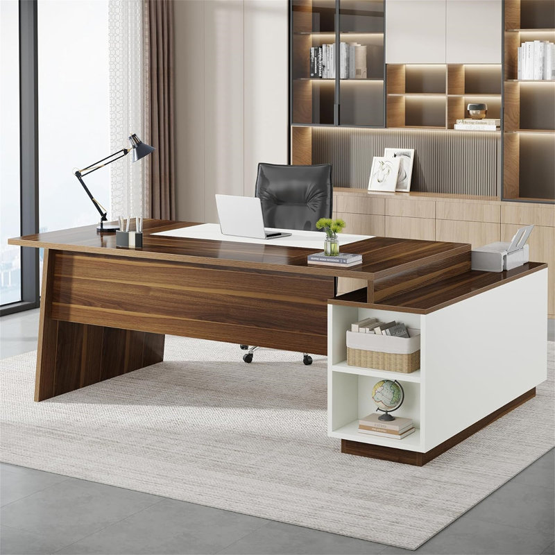 Bureau de direction en L 70,5 po avec armoire de rangement et tablettes (sans la chaise)
