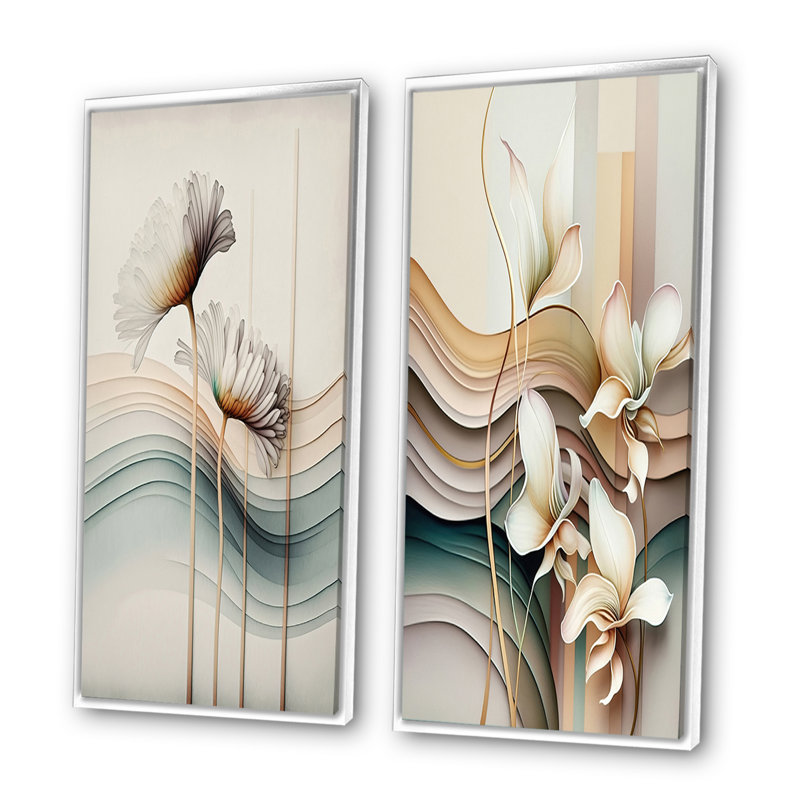 «White Gerber Flowers Hyperrealistic», 2 pièces sur toile, Cadre blanc, H 32 po x l 32 po