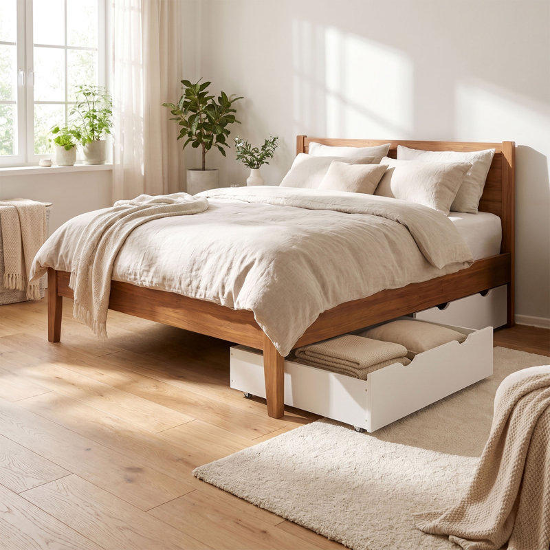 Tiroirs sous le lit en bois avec roulettes et rangement Alaterre, Blanc