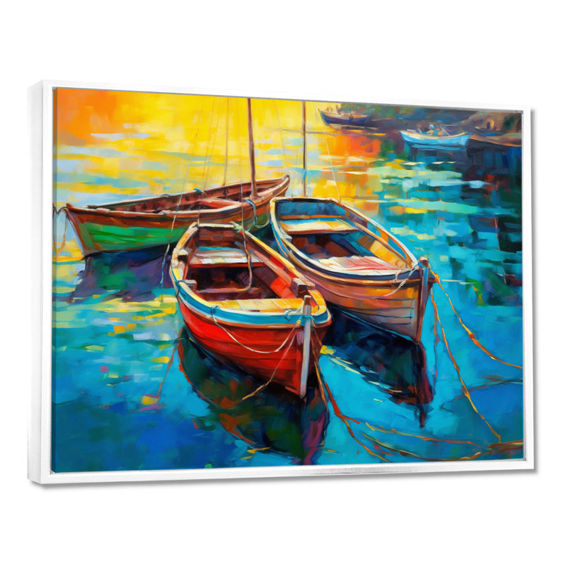 Trois bateaux dans le port I - impression sur toile Coastal Port, H 16 po x l 32 po x P 1 po, Cadre flottant blanc