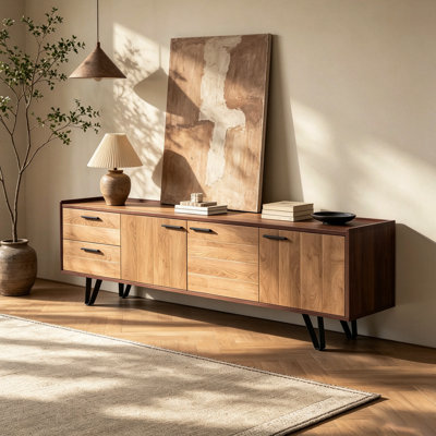 71" Mid-Century Brown TV Stand With Adjustable Storage Shelves For Living Room, Light Oak Cabinet Doors & Dark Walnut Top Media Console