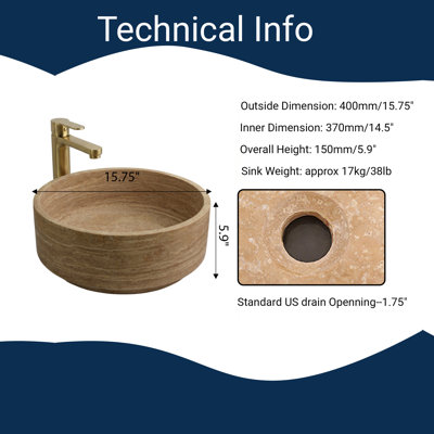 Natural  16 inch Travertine Stone Round Bathroom Vessel Sink