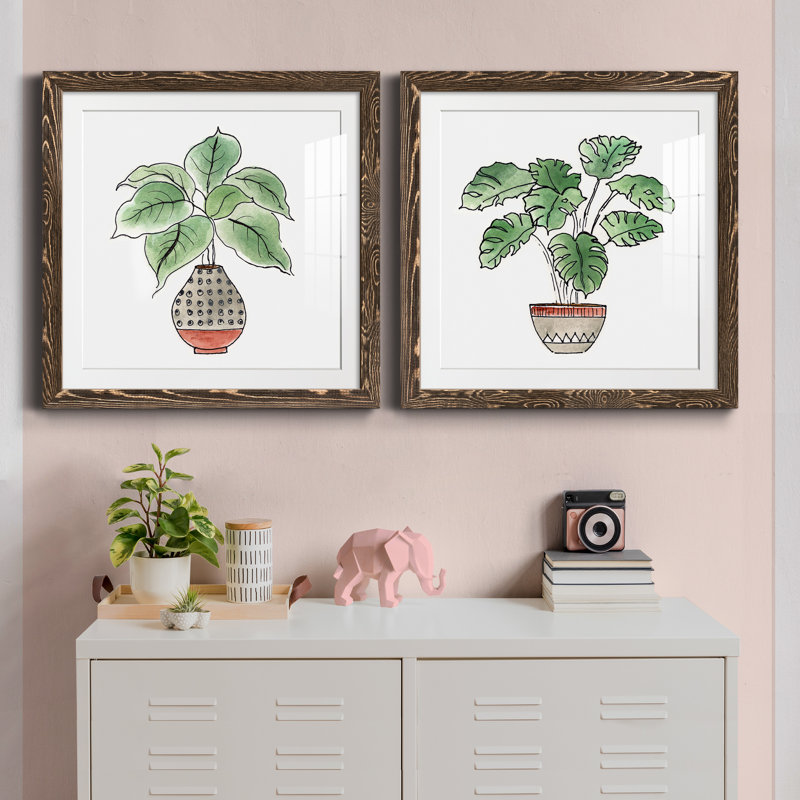 Boho Greenery I - ensemble de 2 peintures, H 24 po x l 48 po x P 1 po, Papier, cadre noyer