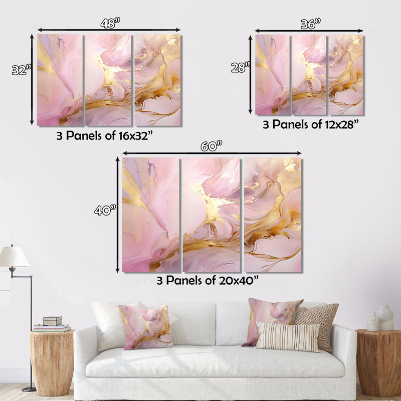 Tendre liquide rétro rose doré vagues 3 pièces, H 28 po x l 36 po x P 1 po