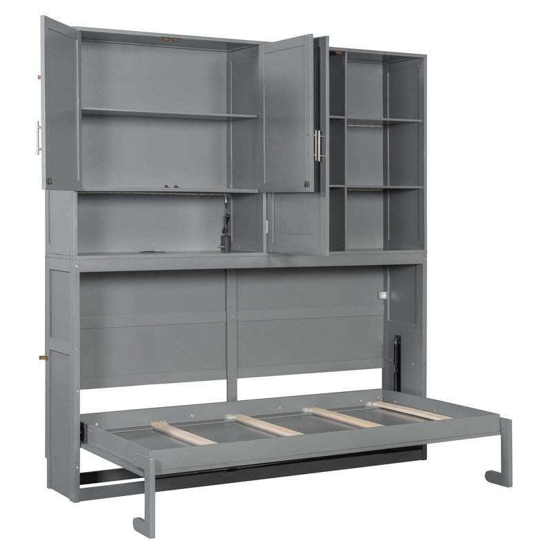 Lit escamotable mural simple avec armoire supérieure, tablettes, lit pliable peu encombrant avec lumière et USB, Gris