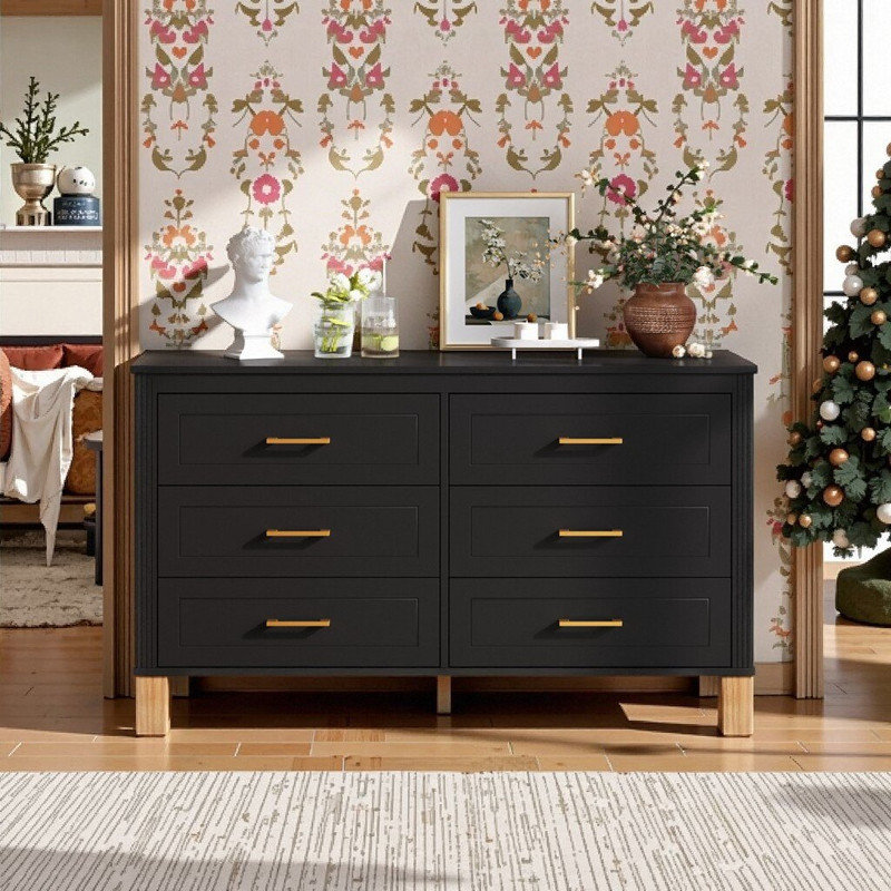 Scrigno 6-Drawer Double Dresser With Solid Wood Frame & Metal Handles, 47.24 L Storage Cabinet, Black