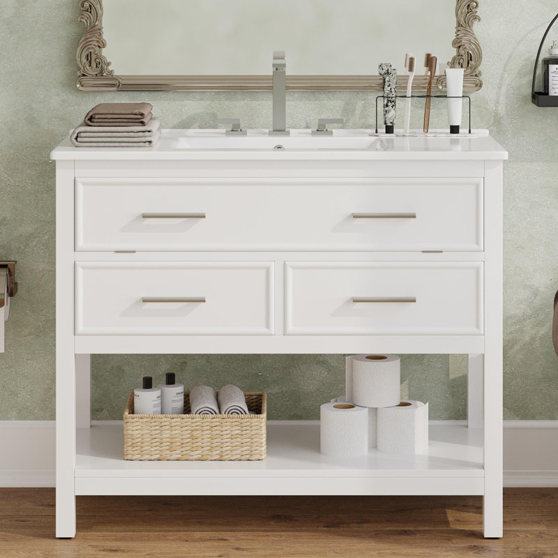 Meuble-lavabo 36 po avec lavabo en céramique, meuble-lavabo avec plateau basculant et 2 tiroirs pleine extension, poignées argentées et glissières à fermeture en douceur, 1 tablette ouverte au bas